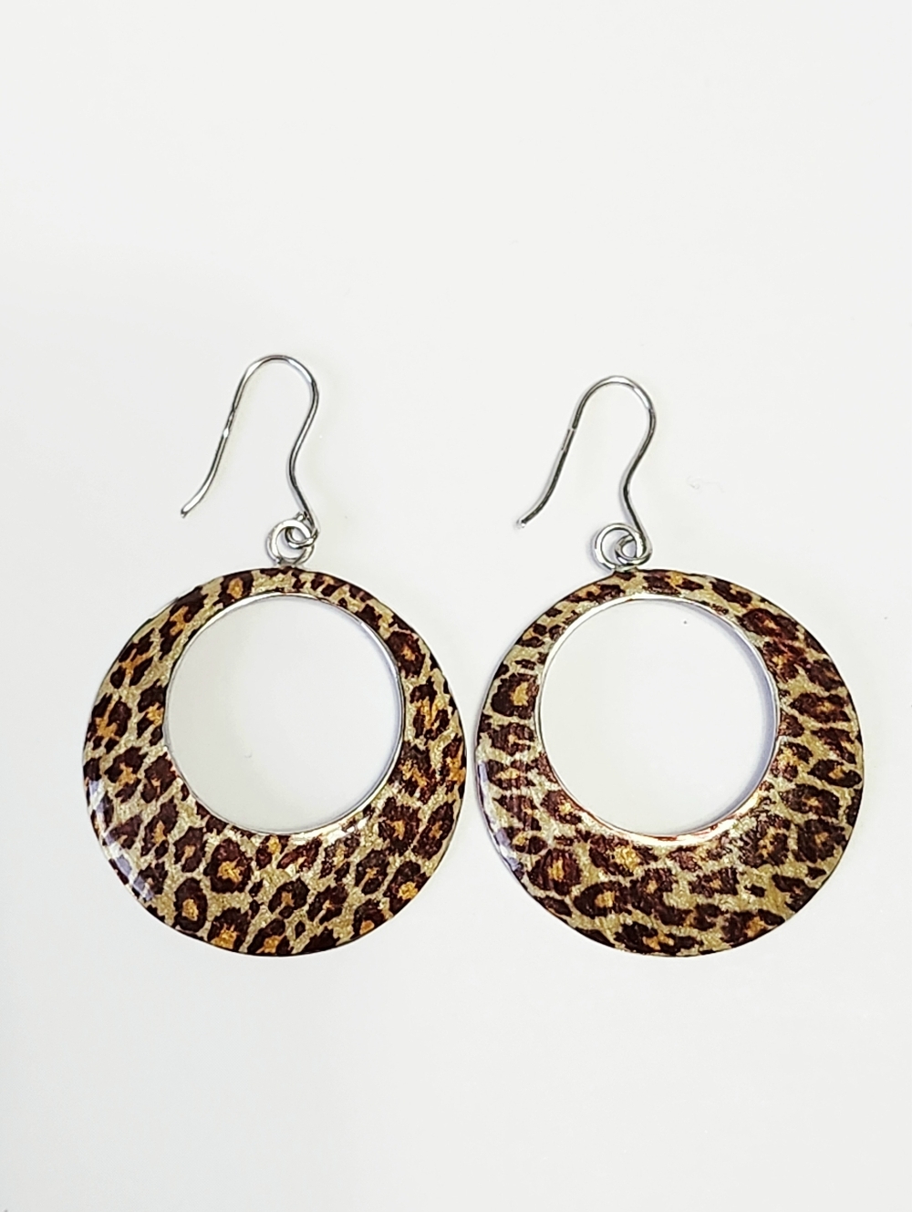 Sterling Silver Enamel Leopard Print Open Hoop Dangle Earrings 2" - Picture 9 of 10